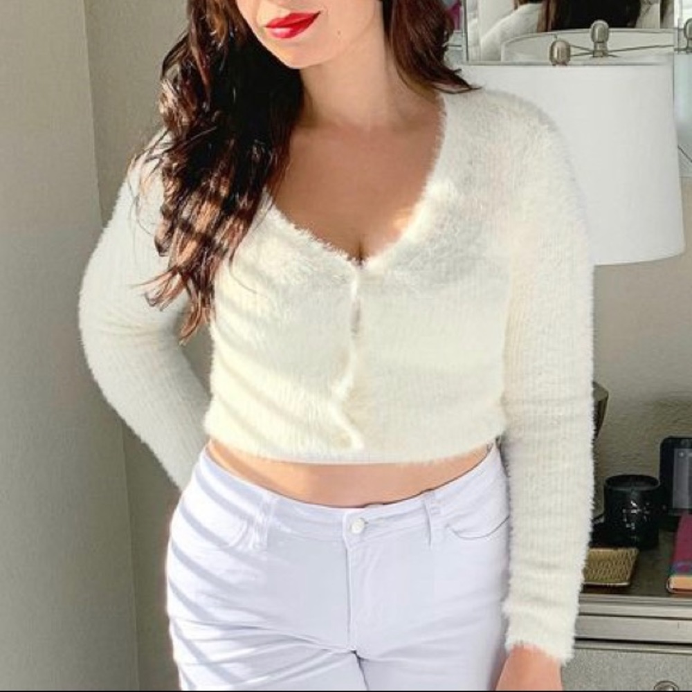 Target Cropped Fuzzy Cardigan | Size: Small | Color: Ivory